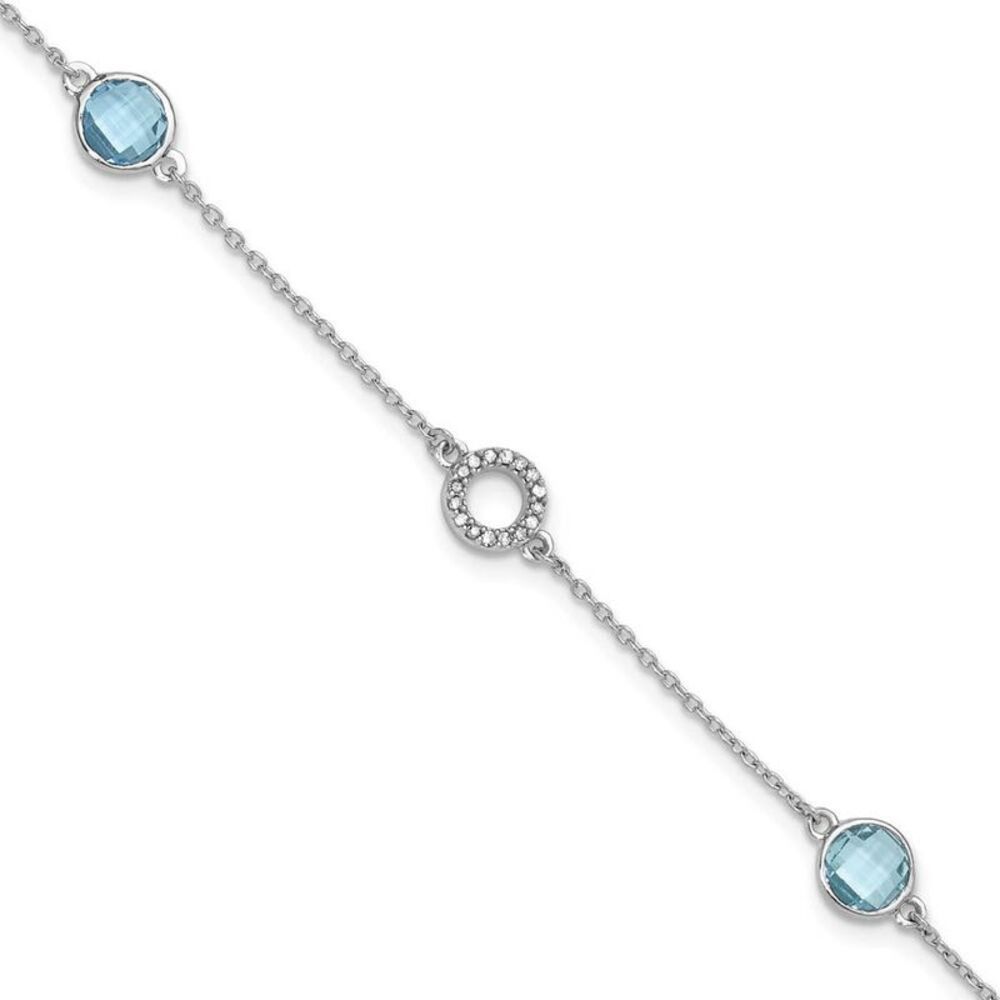 Blue Topaz and Diamond Adj. Station Bracelet in Rhodium Plated Silver